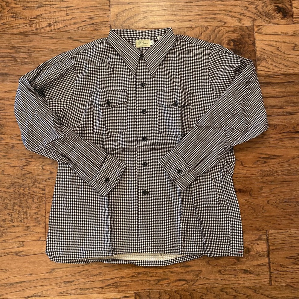 LL Bean Houndstooth Button Down Shirt Mens L Black White 100% Cotton Long Sleeve